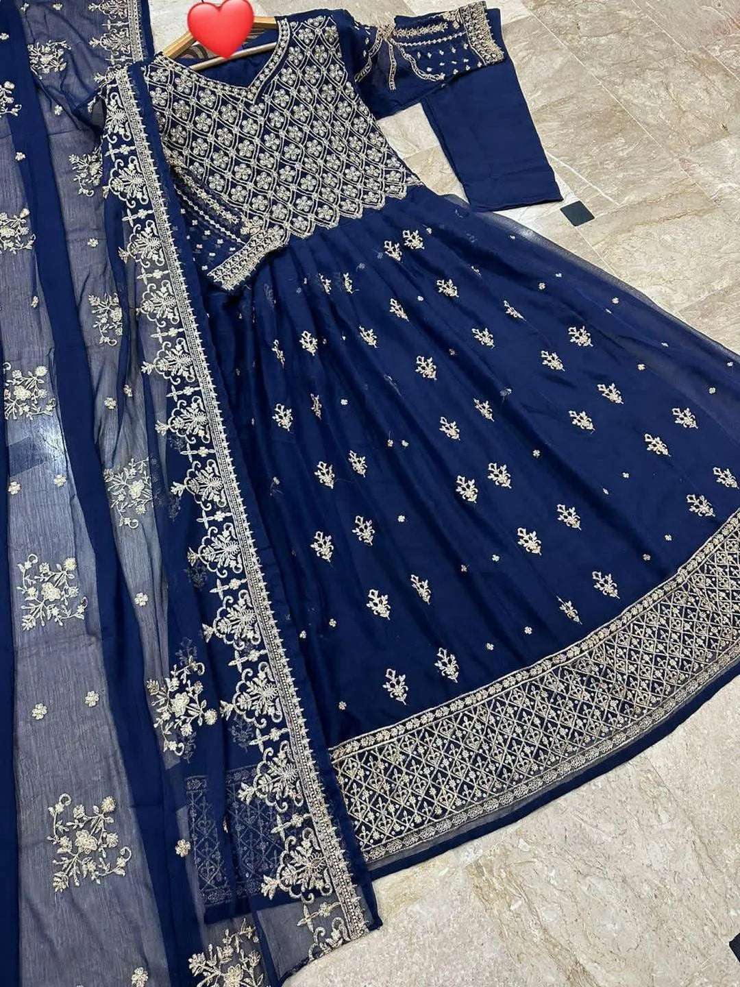 Navy Blue Heavy Embroidered Chiffon Maxi 3PC – Fabric Flat Lay with Dupatta & Trouser