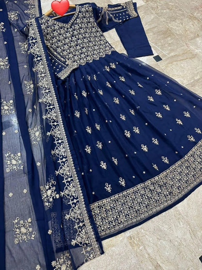 Navy Blue Heavy Embroidered Chiffon Maxi 3PC – Fabric Flat Lay with Dupatta & Trouser