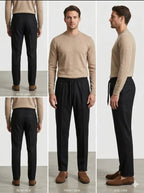 Man wearing black dri-fit plain drawstring trouser with beige sweater and brown loafers – front rear and side view collage on white background
