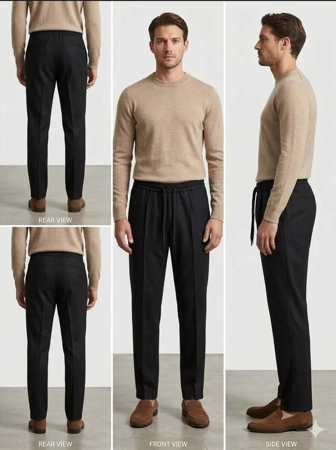 Man wearing black dri-fit plain drawstring trouser with beige sweater and brown loafers – front rear and side view collage on white background