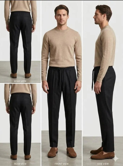 Man wearing black dri-fit plain drawstring trouser with beige sweater and brown loafers – front rear and side view collage on white background