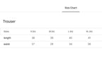 Size chart for black dri-fit trouser showing S M L XL length and waist measurements in inches