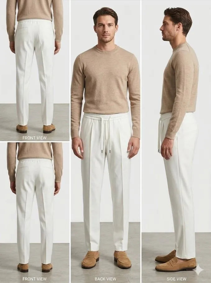 White dri-fit trousers front back and side view on male model wearing beige sweater and brown loafers – 360 view collage