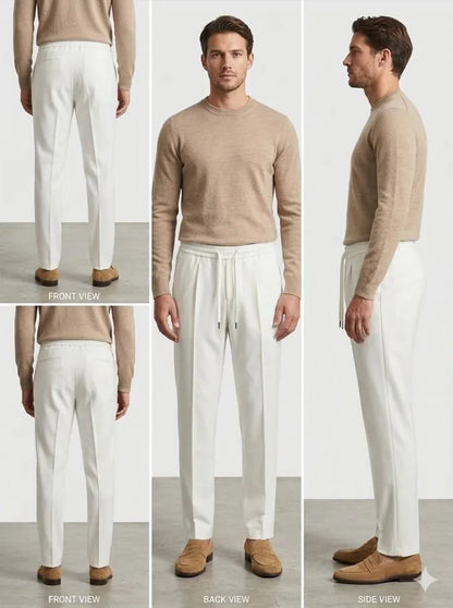 White dri-fit trousers front back and side view on male model wearing beige sweater and brown loafers – 360 view collage