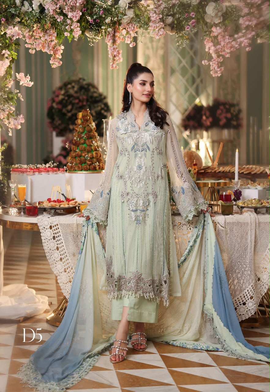 Mint Green Chiffon Suit – Front & Neck Adda Work Crystal Embroidery Close Up