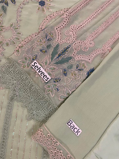 Mint Green Chiffon Suit – Blue Ombre Dupatta 04 Borders Floral Silk Border Detail