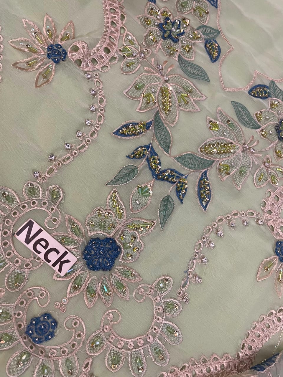 Mint Green Chiffon Suit – Front Embroidery Stripe Pattern Close Up