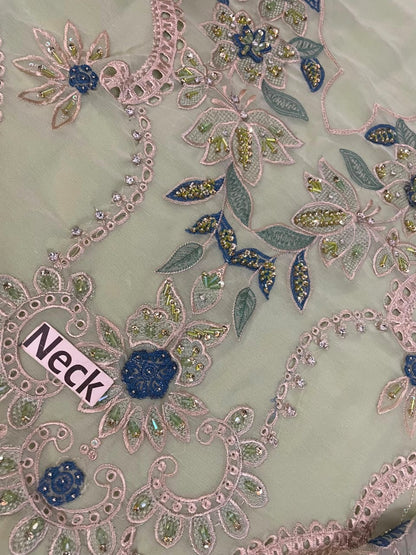 Mint Green Chiffon Suit – Front Embroidery Stripe Pattern Close Up