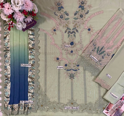 Mint Green Chiffon Suit – Sleeves Cuff Heavy Embroidered Cutwork Border