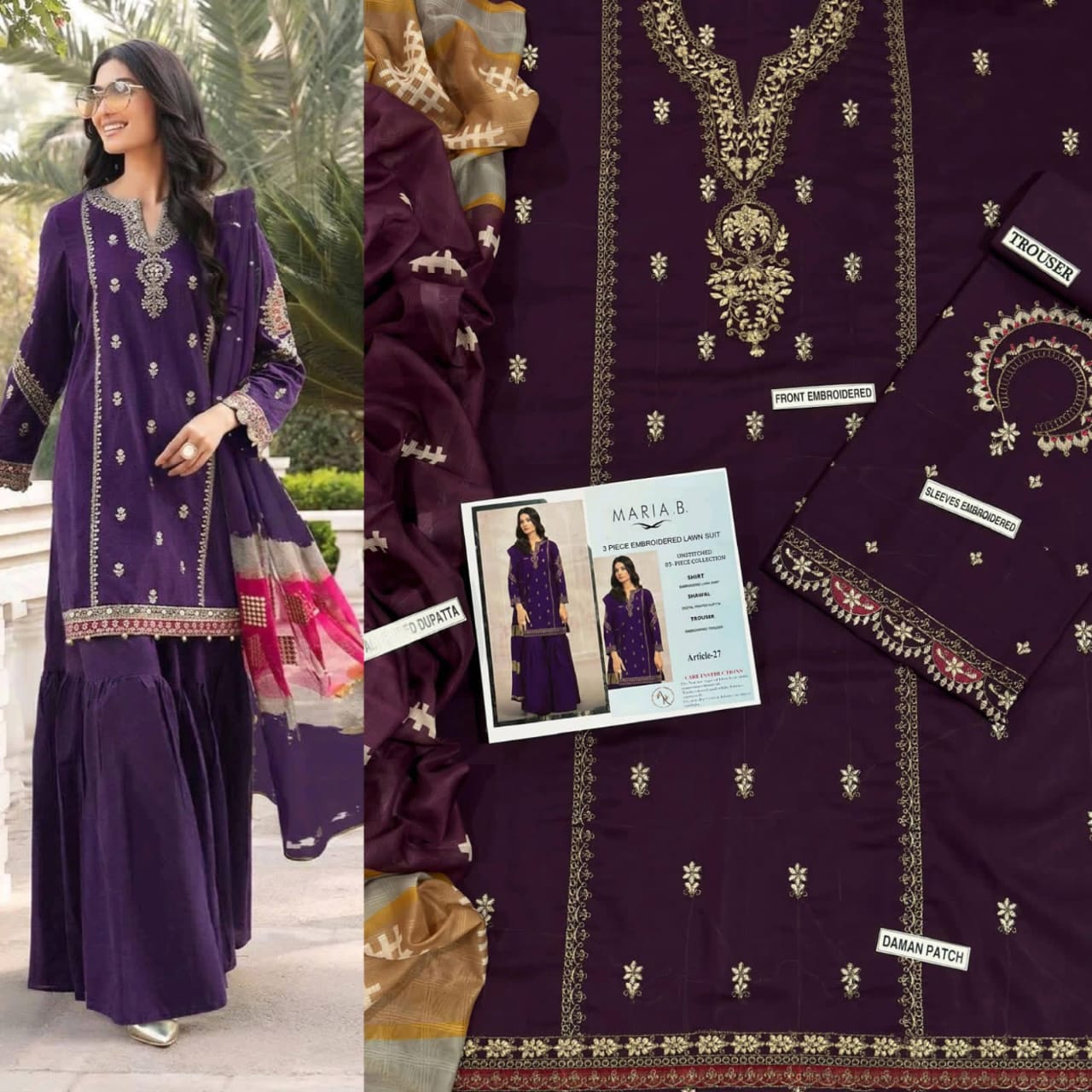URGE Black Rose Embroidered Lawn Suit Front View
