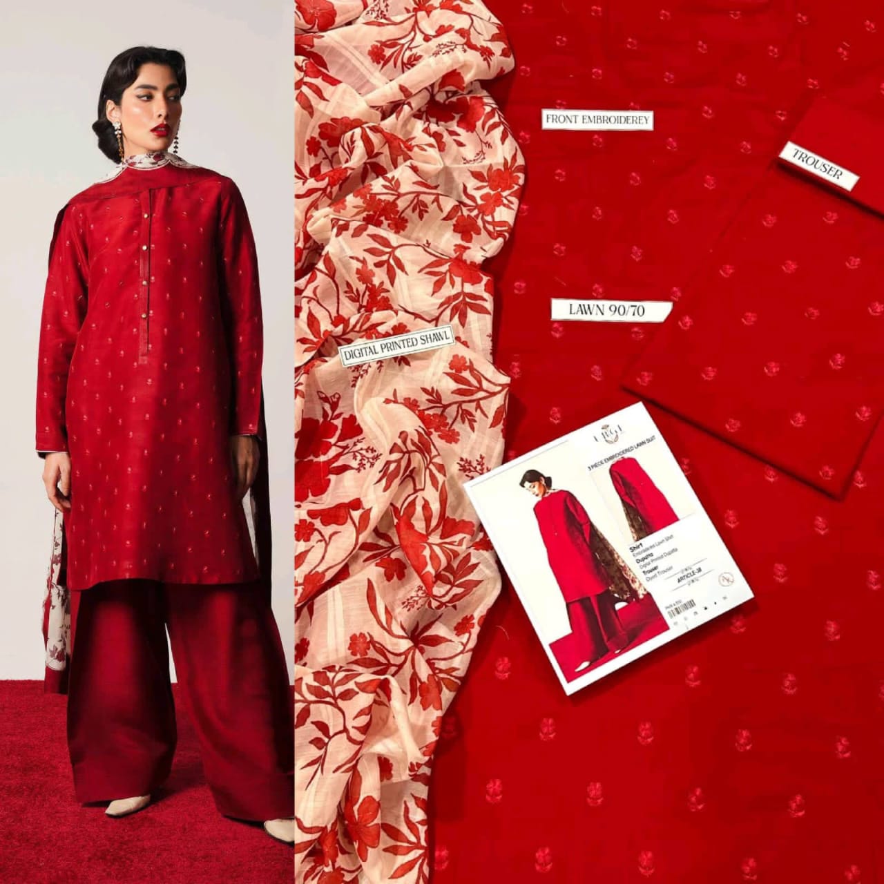 URGE Pure Lawn 3PC Embroidered Suit – Sage Green with Red Dupatta (Summer 2026)