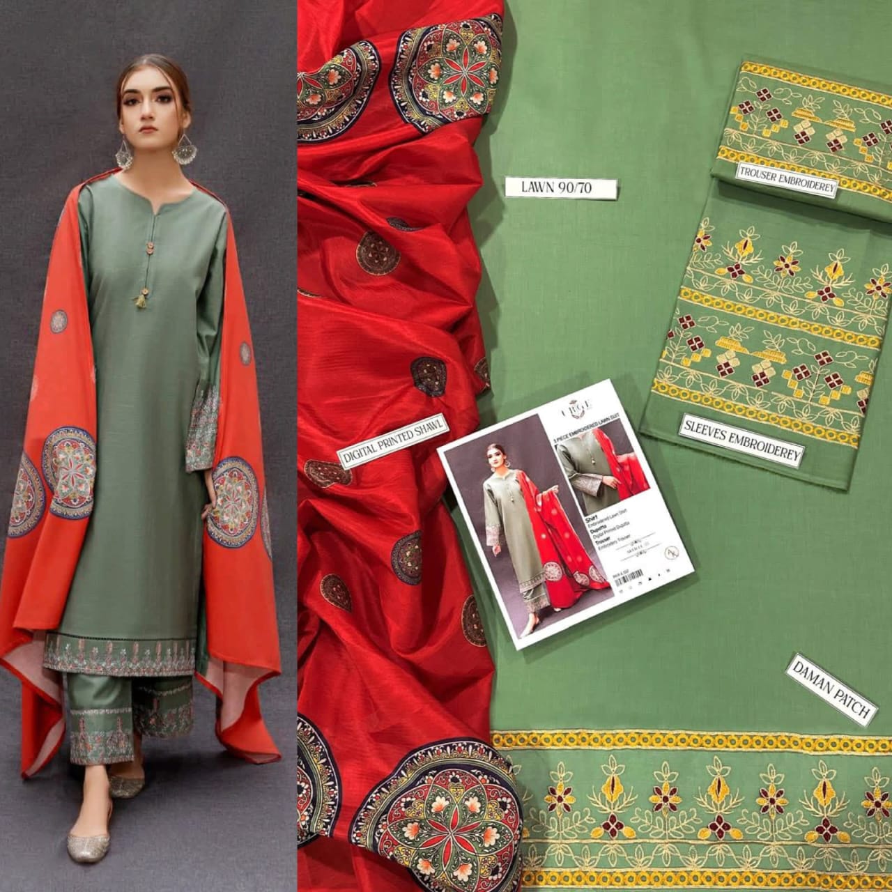 URGE Pure Lawn 3PC Embroidered Suit – Sage Green with Red Dupatta (Summer 2026)