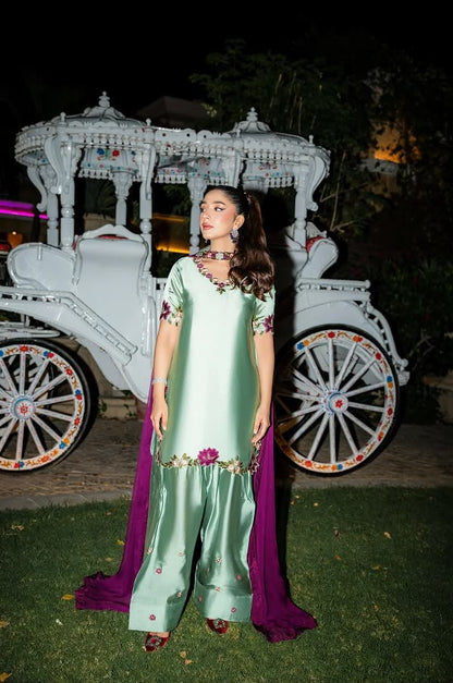 Embroidered Shamoz Silk Suit - Model Indoor Rose Background Full View