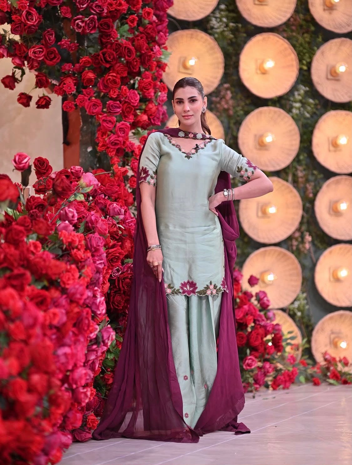 Embroidered Shamoz Silk Suit - Flat Lay All Pieces with Labels