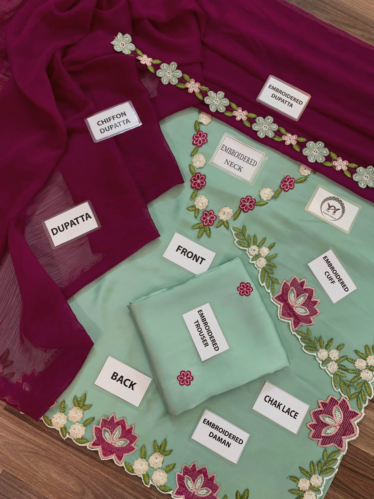 Embroidered Shamoz Silk Suit - Flat Lay Full Spread All Pieces