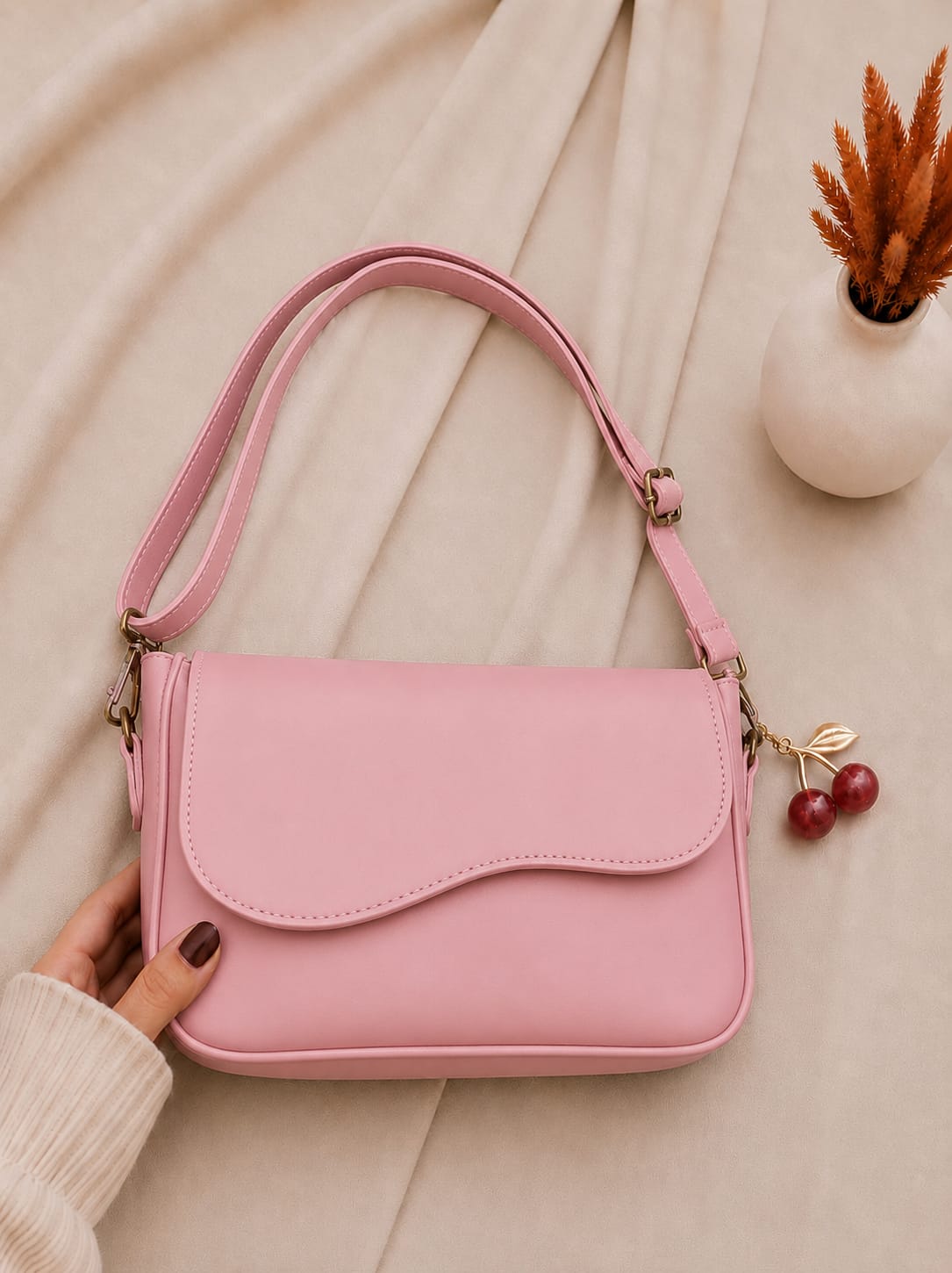 Elegant PU Leather Shoulder Bag - Blush Pink with Adjustable Strap