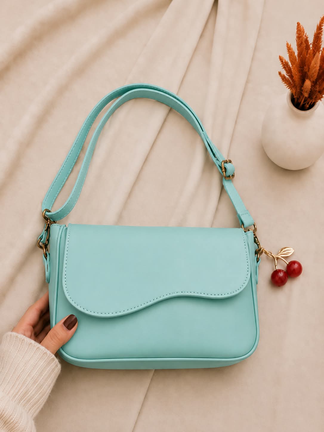 Elegant PU Leather Shoulder Bag - White with Adjustable Strap