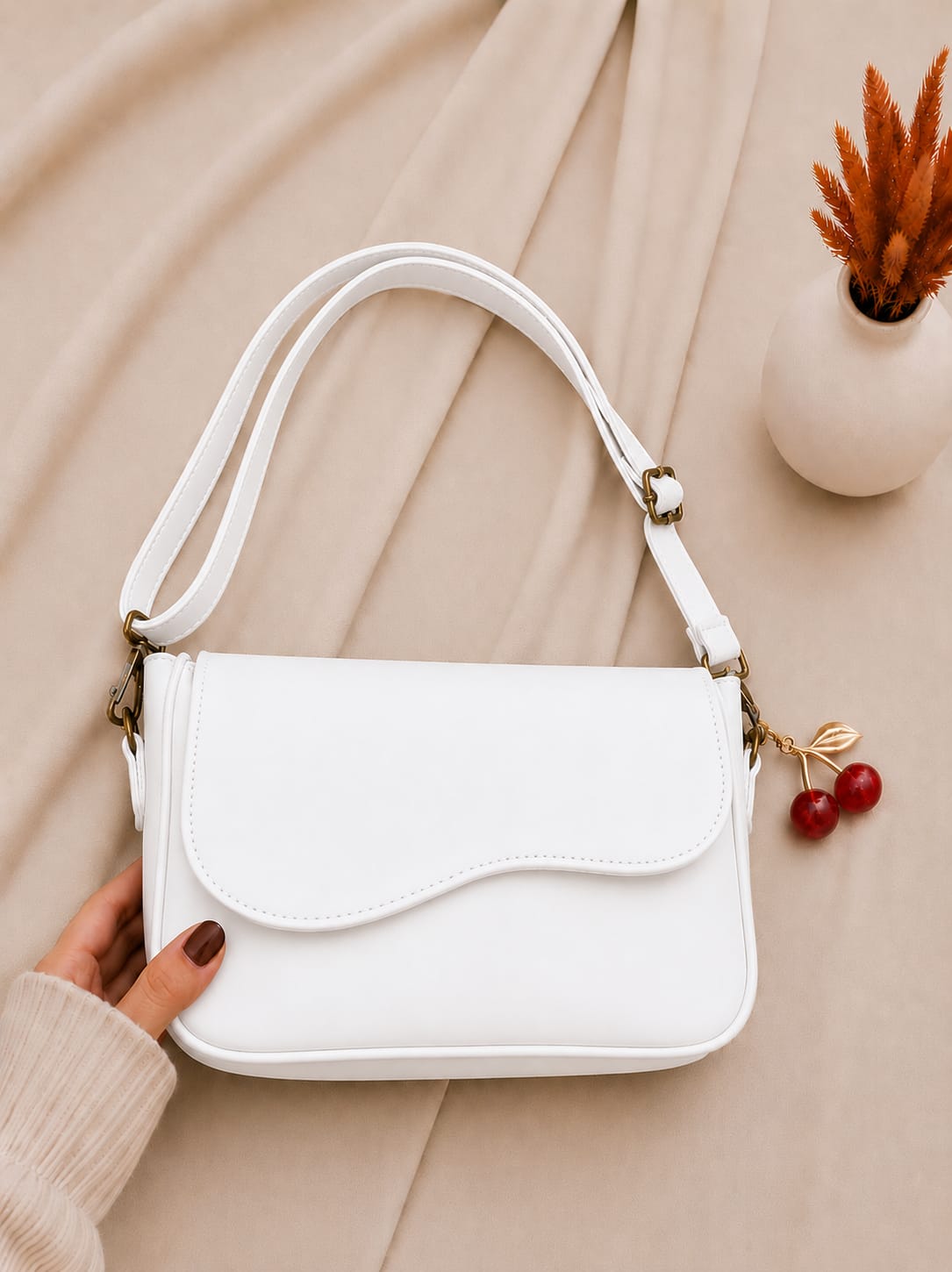 Elegant PU Leather Shoulder Bag - Beige Close Up Wave Flap Detail