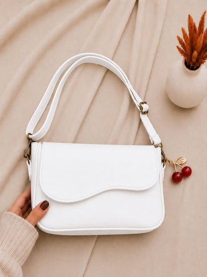 Elegant PU Leather Shoulder Bag - Beige Close Up Wave Flap Detail