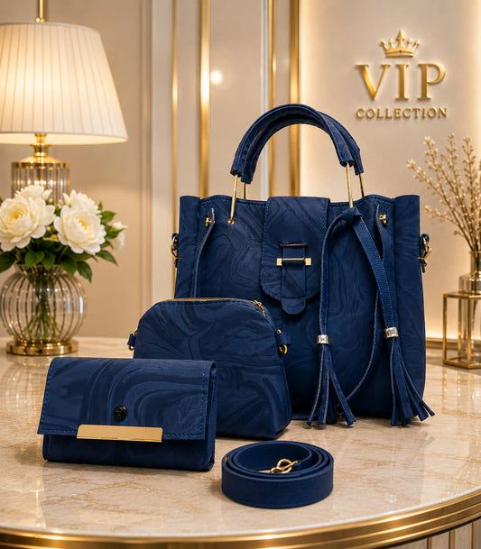 4Pc Luxury Handbag Set - Tan Camel Brown Marble Texture with Gold Hardware