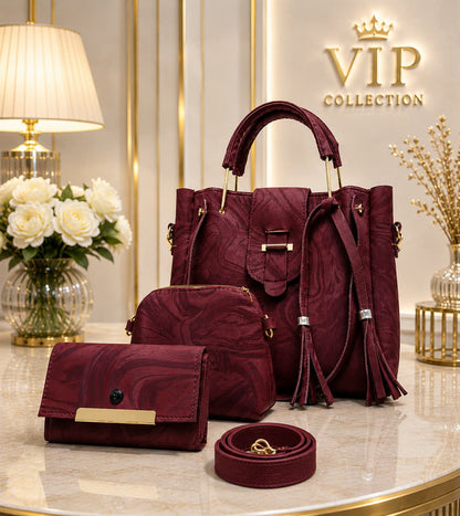 4Pc Luxury Handbag Set - Maroon Burgundy Full Set Flat Lay