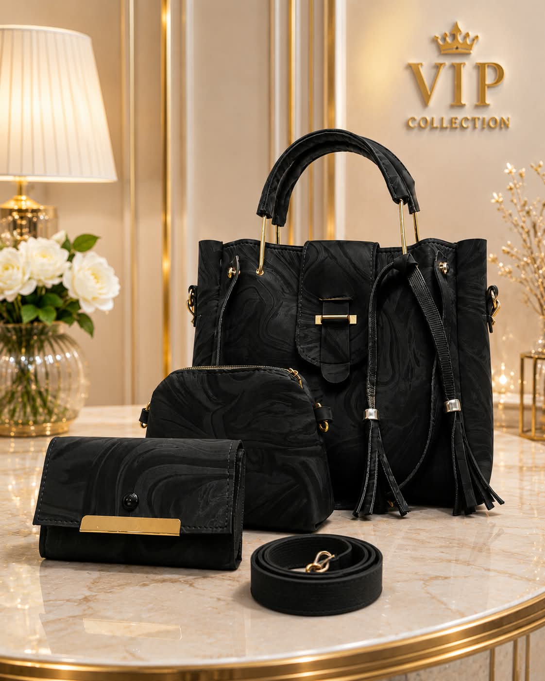 4Pc Luxury Handbag Set - Mint Green Marble Texture with Gold Hardware