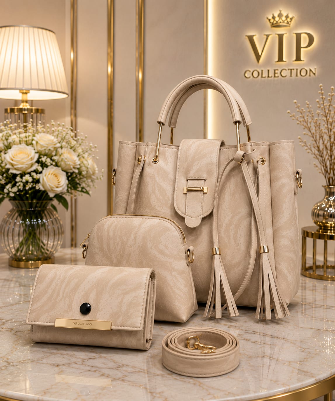 4Pc Luxury Handbag Set - Blush Pink Marble Texture with Gold Hardware