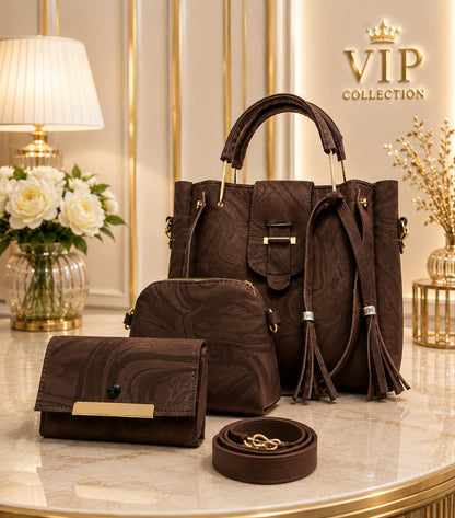 4Pc Luxury Handbag Set - Mauve Dusty Purple Marble Texture with Gold Hardware