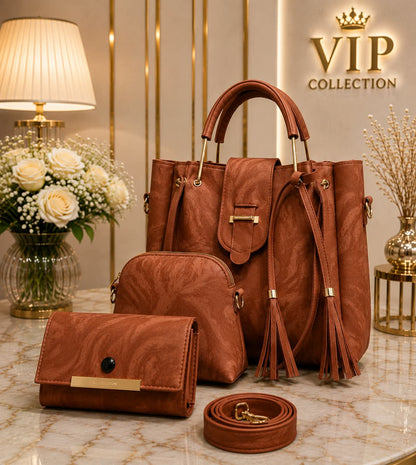4Pc Luxury Handbag Set - Silver Grey Marble Texture with Gold Hardware