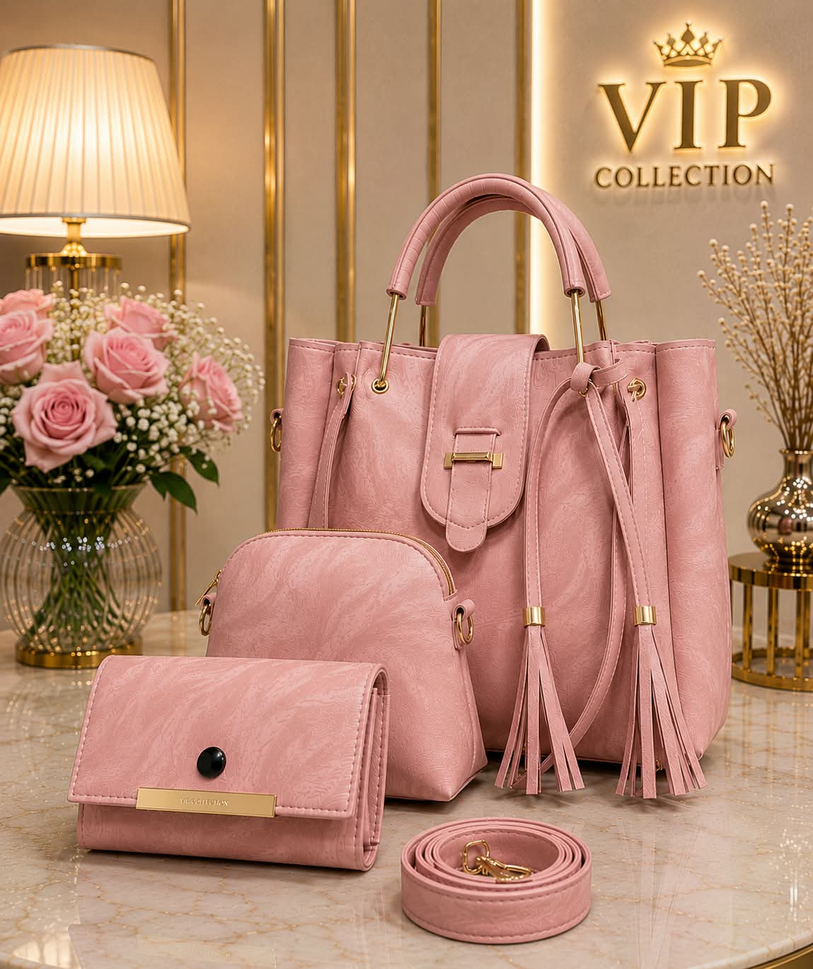 4Pc Luxury Handbag Set - Tan Brown Tote Close Up Detail