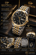 Premium Men's Quartz Watch - Black Sunray Dial Diamond Cut Glass Steel Chain Gift Box