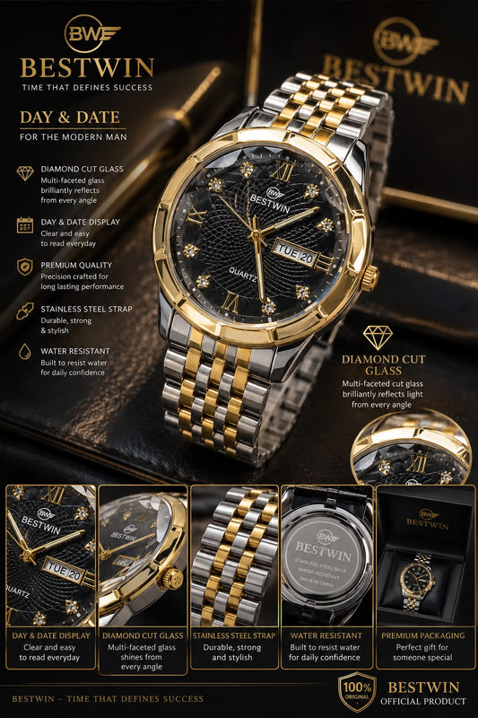 Premium Men's Quartz Watch - Black Sunray Dial Diamond Cut Glass Steel Chain Gift Box