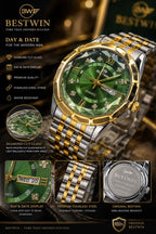 Premium Men's Quartz Watch - Green Sunray Dial Diamond Cut Glass Steel Chain Gift Box