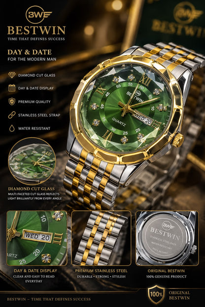 Premium Men's Quartz Watch - Green Sunray Dial Diamond Cut Glass Steel Chain Gift Box