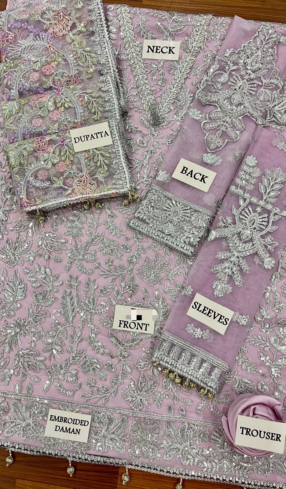 Luxury Net Suit - Grey Front Back Sleeves Flat Lay with Labels Close Up
