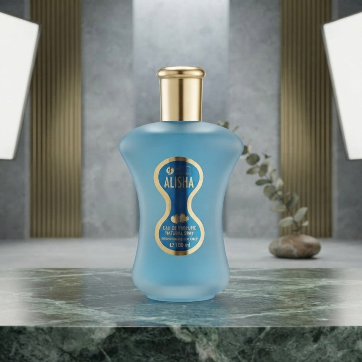 Alisha Blue Eau De Parfum – Bottle on Marble with Plants