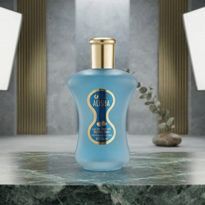 Alisha Blue Eau De Parfum – Bottle on Marble with Plants