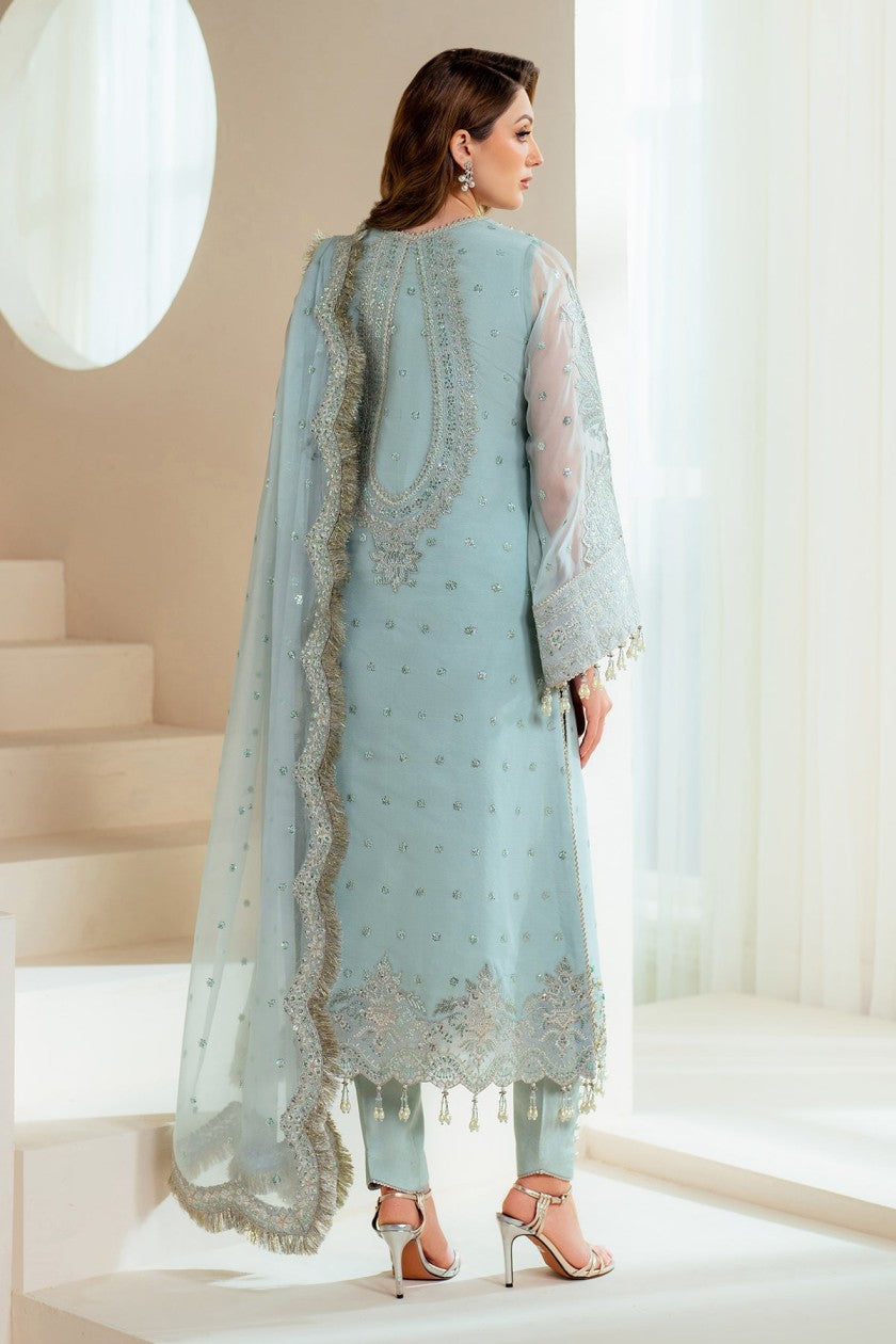 Ice Blue Organza Heavy Embroidered 3PC Suit – Model Back View