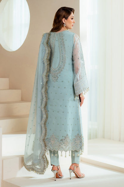 Ice Blue Organza Heavy Embroidered 3PC Suit – Model Back View