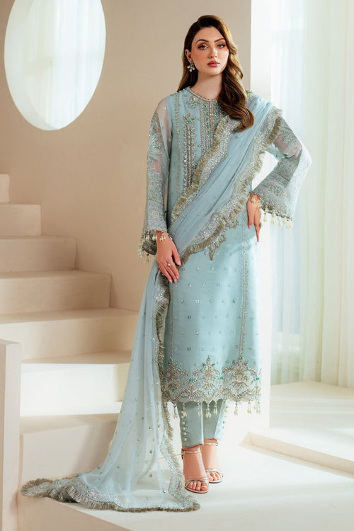 Ice Blue Organza Embroidered Suit – Model Front View with Dupatta