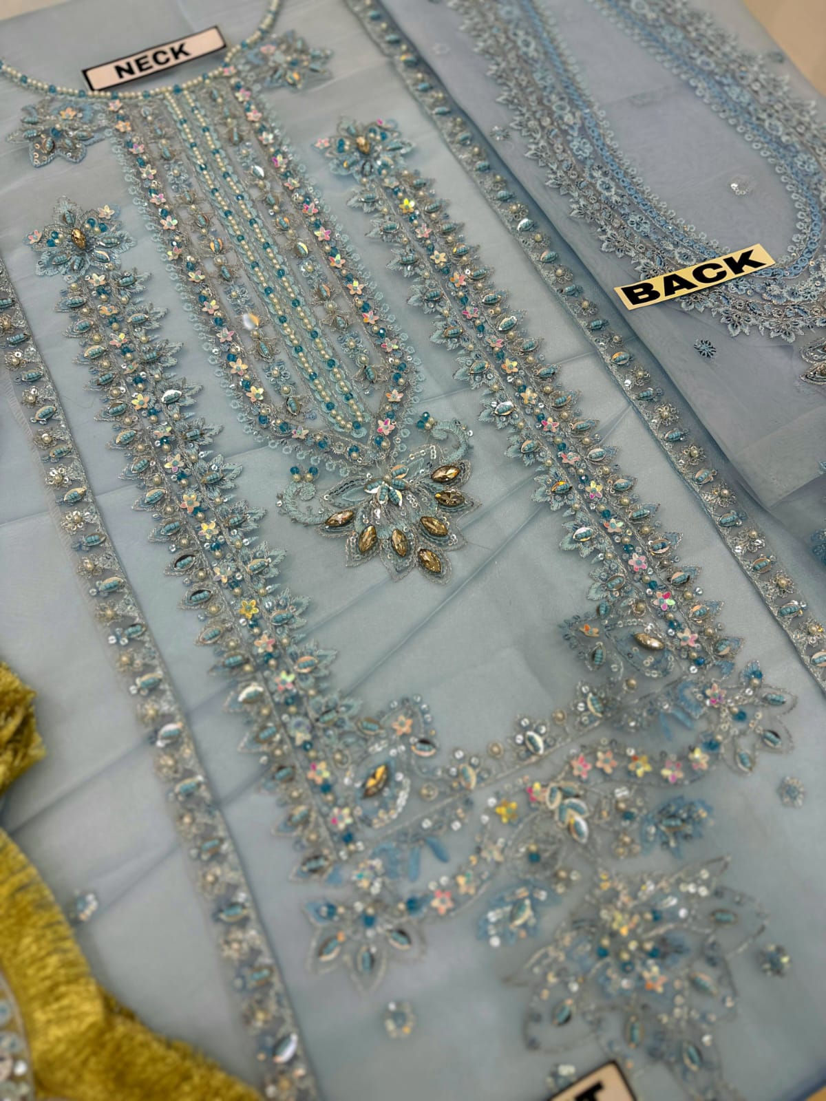 Ice Blue Organza Suit – Front Neck & Hand Embellished Crystal Embroidery Close Up