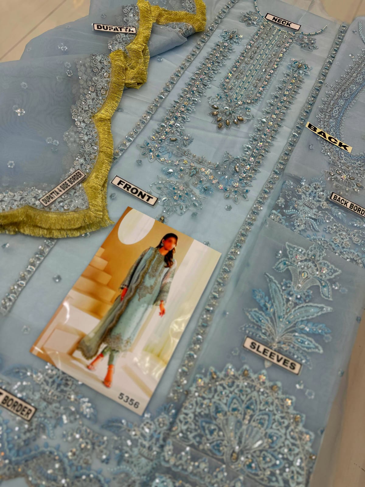 Ice Blue Organza Suit – Full Fabric Flat Lay – Front, Back, Sleeves, Dupatta & Trouser