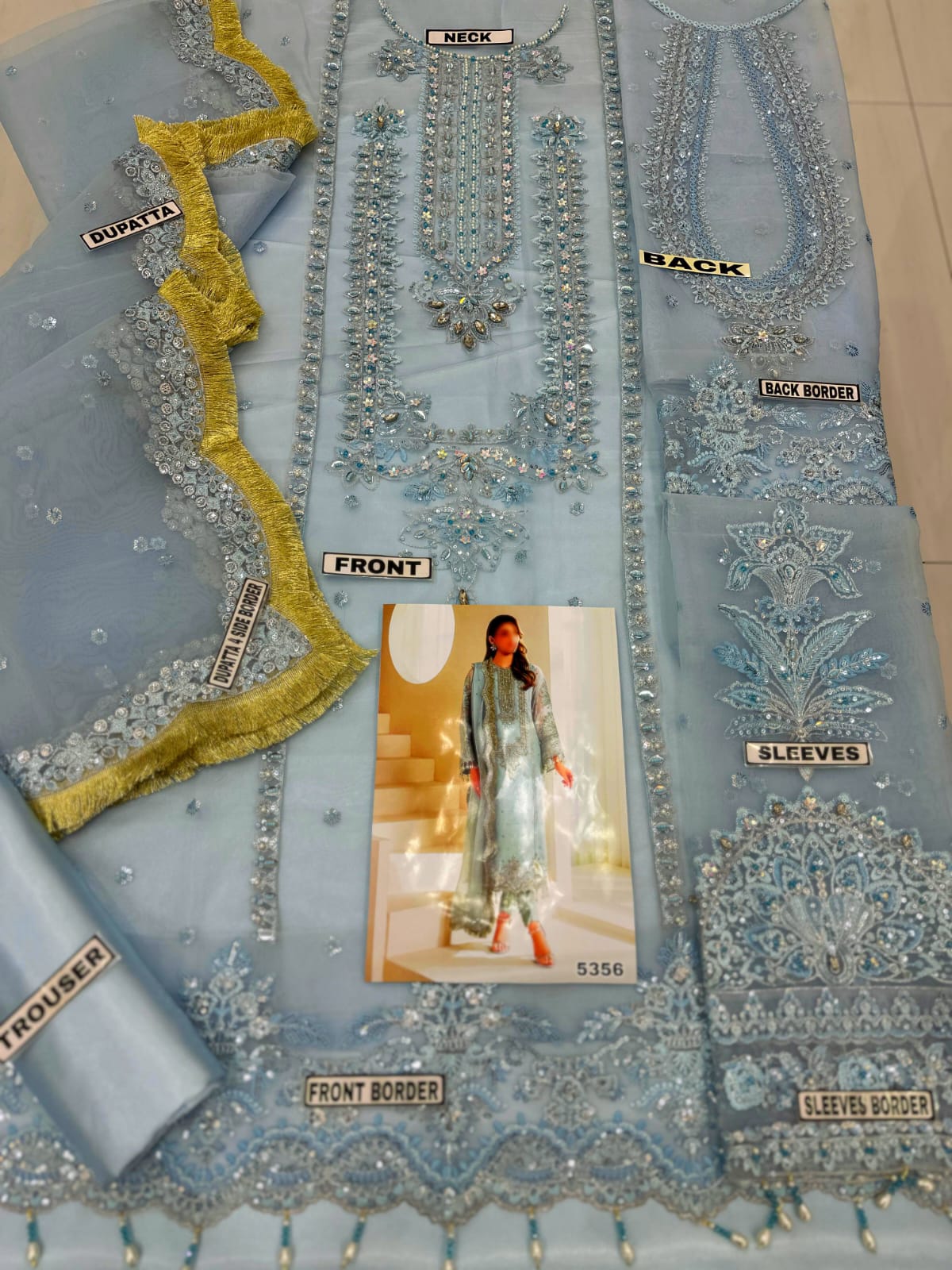 Ice Blue Organza Suit – Fabric Flat Lay with Dupatta Side Border Detail
