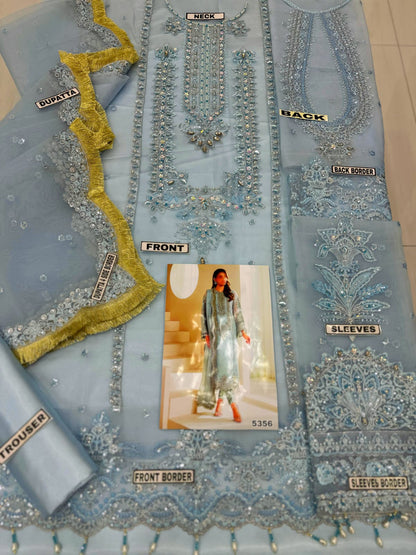 Ice Blue Organza Suit – Fabric Flat Lay with Dupatta Side Border Detail