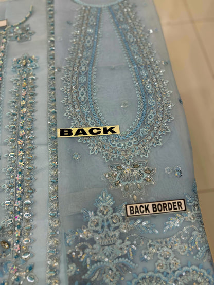 Ice Blue Organza Suit – Back Embroidery & Back Border Detail Close Up