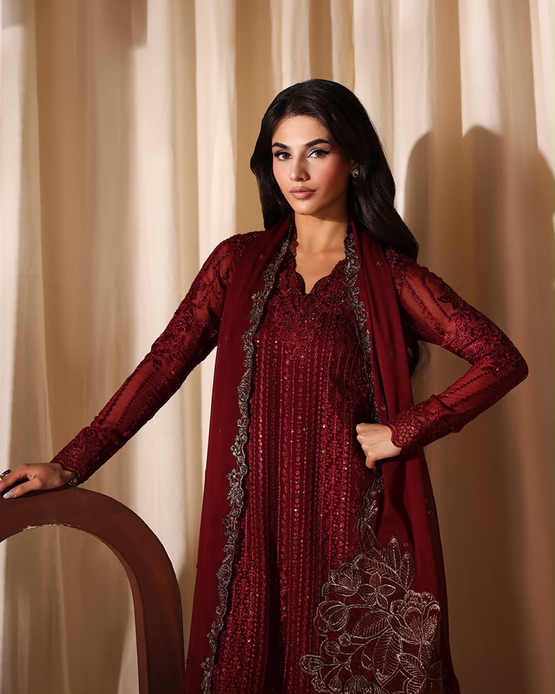 Wedding Edition 2026 – Crimson Heavy Embroidered Chiffon 3-Piece