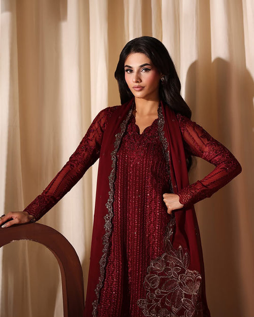 Wedding Edition 2026 – Crimson Heavy Embroidered Chiffon 3-Piece