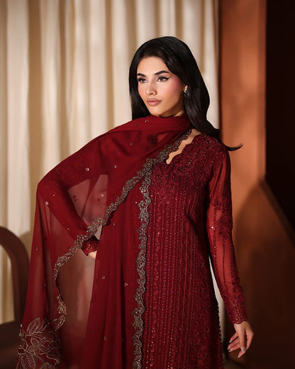 Wedding Edition 2026 – Crimson Heavy Embroidered Chiffon 3-Piece