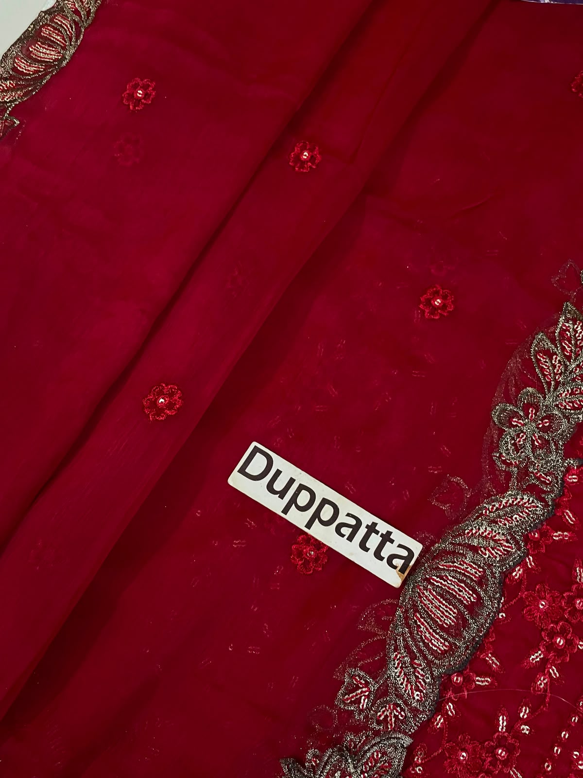 Wedding Edition 2026 – Crimson Heavy Embroidered Chiffon 3-Piece