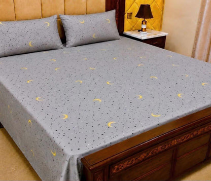 King Size Pure Cotton Bed Sheet - Abstract Line Print Light Blue with 2 Pillowcases